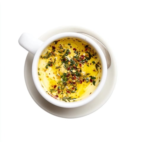 A close-up of glossy cowboy butter sauce in a small ramekin, garnished with fresh parsley and lemon zest, drizzled over a grilled steak.