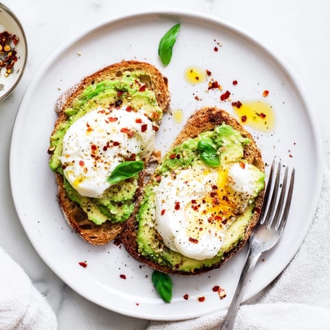 Crispy sourdough toast topped with creamy smashed avocado and melted mozzarella, drizzled with olive oil and fresh basil leaves.  