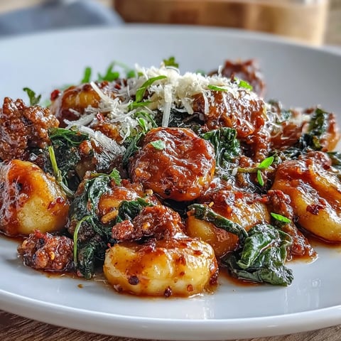 A steaming plate of Sausage Gnocchi with Kale, featuring pillowy dumplings coated in a rich, spicy red sauce and flecked with tender greens.