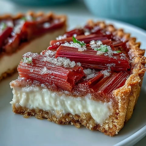 White chocolate and elderflower custard fills a golden tart crust, topped with tangy roasted rhubarb batons on a white plate.