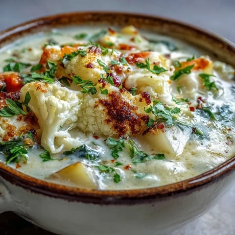 Creamy Vegetarian Cauliflower Chowder served in a rustic bowl, garnished with fresh parsley and extra melted cheese.