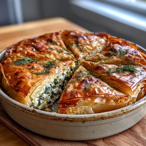 Freshly baked Feta and Kale Börek showcases golden, flaky filo pastry layers and a vibrant green filling.