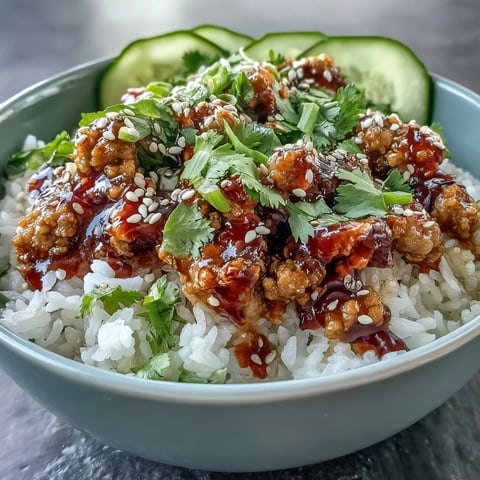 Fluffy rice topped with tender ground turkey and vibrant carrots, cucumbers, and cabbage for Bang Bang Ground Turkey Rice Bowls.