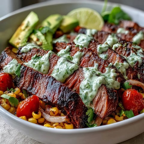 Sliced flank steak, charred corn, avocado, and tomatoes in a bowl topped with vibrant cilantro cream sauce.