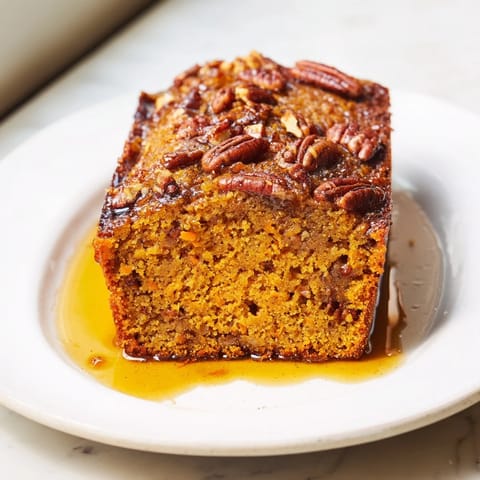 This moist Weekend Cabin-Style Sweet Potato and Pecan Loaf shows a close-up of crunchy pecans on top.