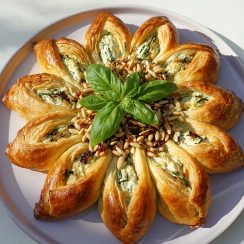 Delicious herbed cream cheese filling is visible within the savory Poinsettia Puff Pastry appetizers.