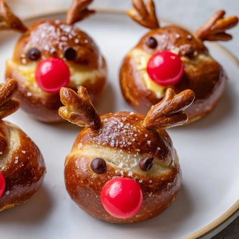 Close-up of baked Rudolf's Red Nose Pretzel Bites: Cheesy, salty bites with red candy noses, ready to serve.