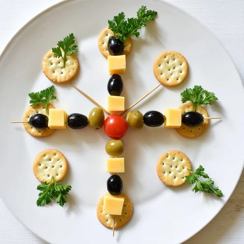 This festive New Year's Clock Countdown appetizer features cheese "hands" pointing to midnight, surrounded by olives.