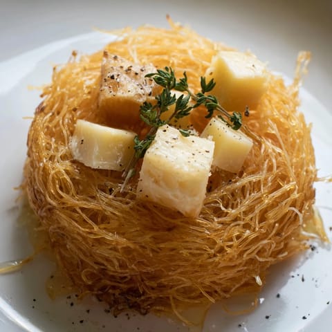 A close-up view of a Rustic Barnyard platter, with golden phyllo "hay" and varied cheese wedges.