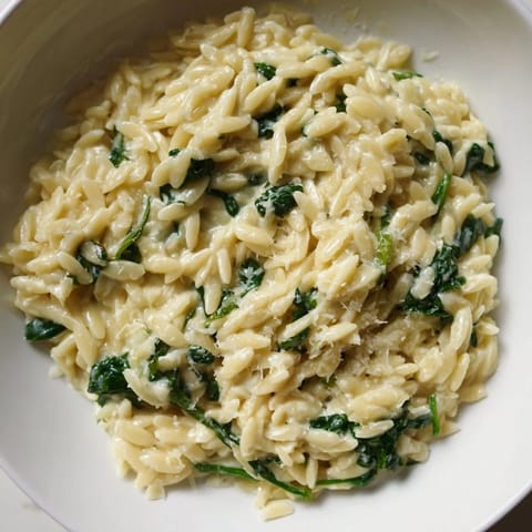 Warm, creamy spinach orzo with Parmesan garnish, perfect for a quick, flavorful dinner.