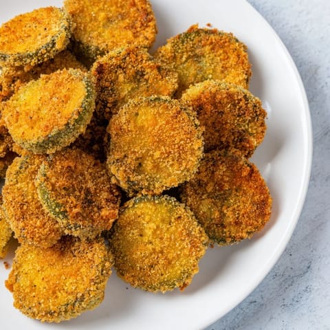 Close-up of freshly made crispy fried pickles, air-fried to golden perfection, ready to eat.
