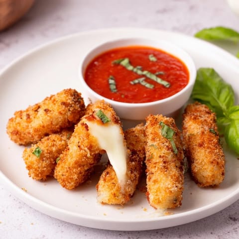 These crispy, air fryer mozzarella sticks offer a satisfying pull of melted cheese with every bite.