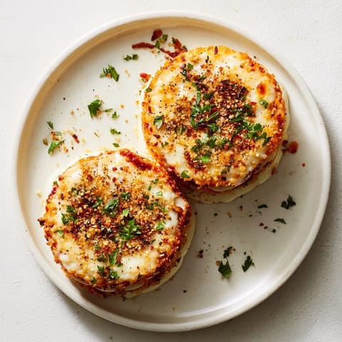 Crispy Rice Cake Cheese Stacks with melty mozzarella and parmesan, garnished with fresh parsley on a baking sheet.