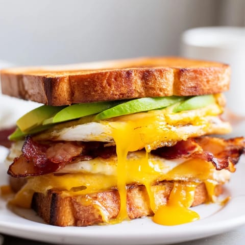 A close-up view shows the golden-brown edges of the Loaded Breakfast Sandwich, revealing layers of creamy avocado, fresh spinach, and a perfectly runny yolk.