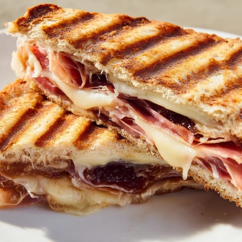 A close-up of the Crispy Prosciutto & Fig Panini oozing melted cheese and sweet jam.