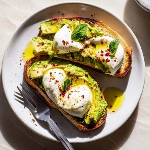 A vibrant open-faced avocado mozzarella tartine garnished with red pepper flakes, served warm for a quick, savory snack.  