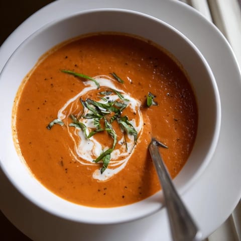 Close-up of velvety roasted red pepper soup in a white bowl, highlighting its rich red-orange hue and fragrant harissa steam.