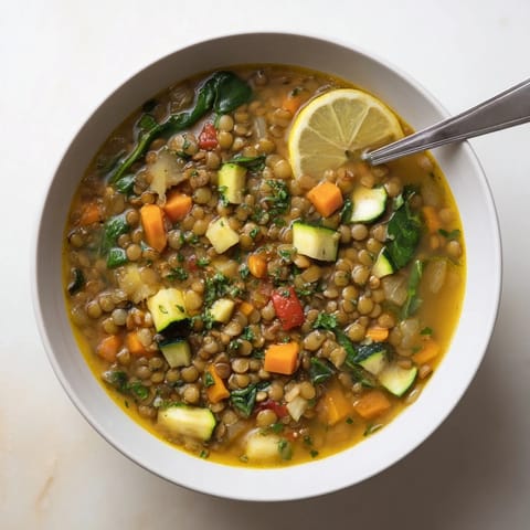 Steaming Lentil and Vegetable Soup in a rustic pot, featuring colorful veggies like zucchini, red bell pepper, and spinach.