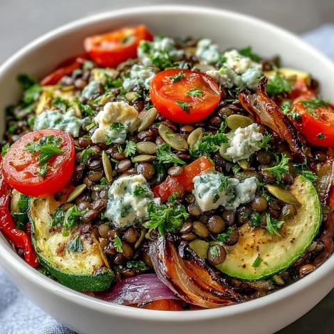 Hearty black lentil salad topped with feta, pumpkin seeds, and fresh parsley served beside grilled chicken.