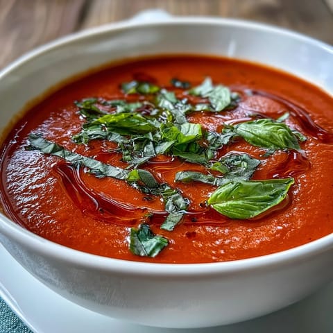 A steaming bowl of homemade Tomato and Basil Soup garnished with fresh basil leaves and a drizzle of olive oil, served alongside crusty bread.