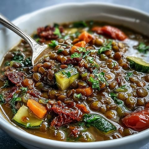 Steaming Ladle of Lentil and Vegetable Soup with colorful roasted vegetables and fresh parsley garnish ready to serve.