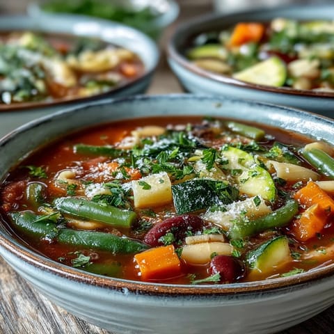 Homemade minestrone soup simmered in a large pot, featuring tender carrots, celery, and zucchini for a comforting Italian meal.