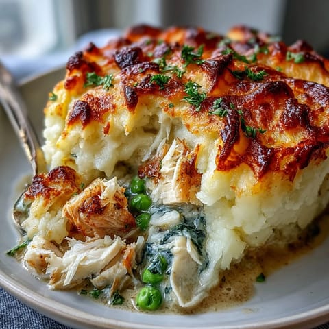 Freshly baked curried fish pie served in a rustic dish, revealing tender fish chunks in golden curry sauce.