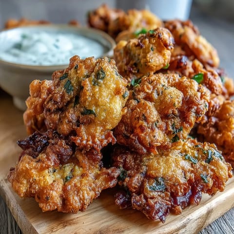 Warmly spiced Cauliflower Bhajis on a plate next to a bowl of creamy yogurt dip.