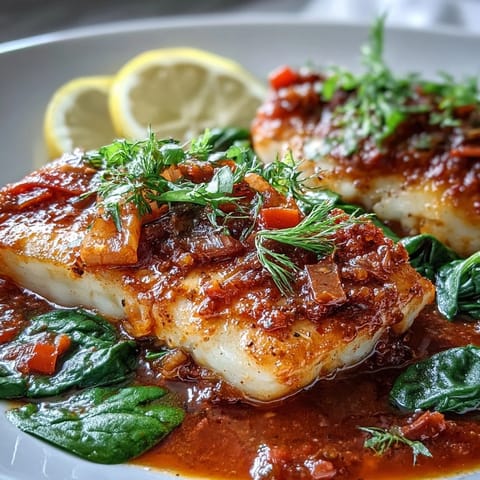 Spiced Cod One Pot simmering with colorful bell peppers and aromatic spices in a rich tomato broth.