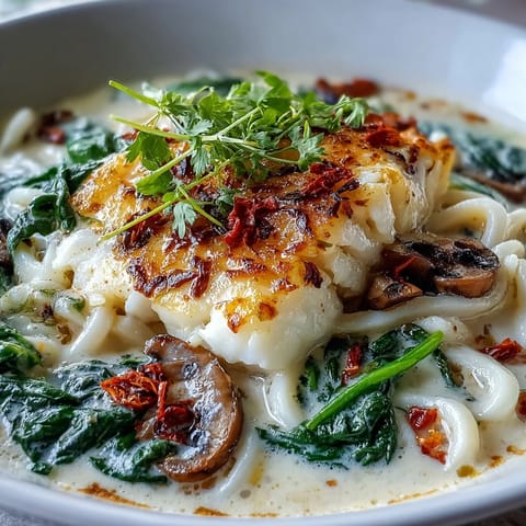 Poached Cod With Spiced Coconut Broth and Udon Noodles steaming in a cozy bowl, ready for a quick, nourishing dinner.