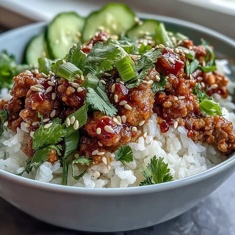 Sizzling ground turkey coated in tangy bang bang sauce served over rice with sesame seeds and fresh lime wedges.
