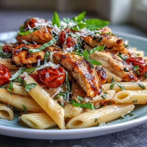 Plated Bruschetta Chicken Pasta features golden-seared chicken and penne tossed with juicy tomatoes, fresh basil, and melted mozzarella.