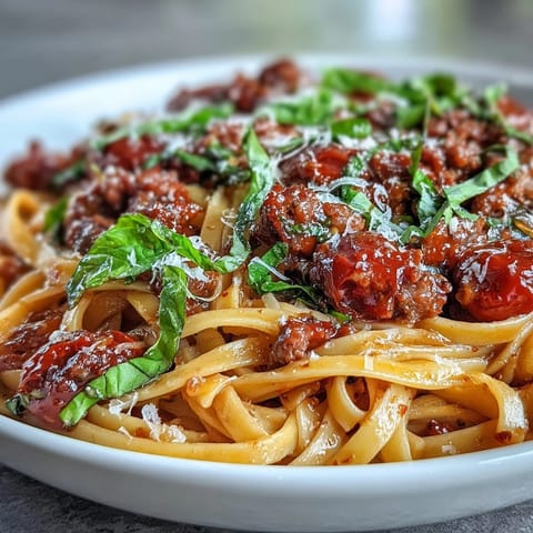 Pasta twirled in a glossy red wine tomato sauce, topped with Parmesan, and served warm in a rustic bowl.