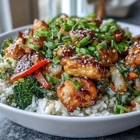 Golden-brown, tender chicken pieces and fluffy white rice mingle with bright bell peppers and crisp broccoli florets in this hearty Chicken and Rice Bowl.