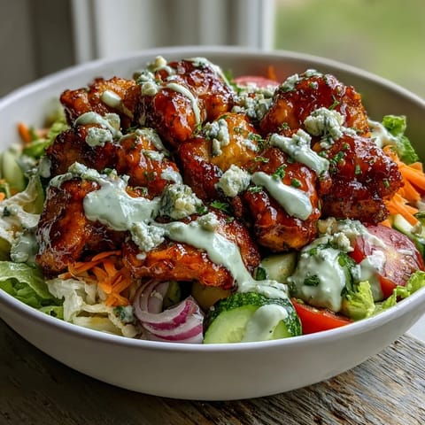 A close-up of the Buffalo Chicken Bowl drizzled with creamy ranch and sprinkled with blue cheese. 