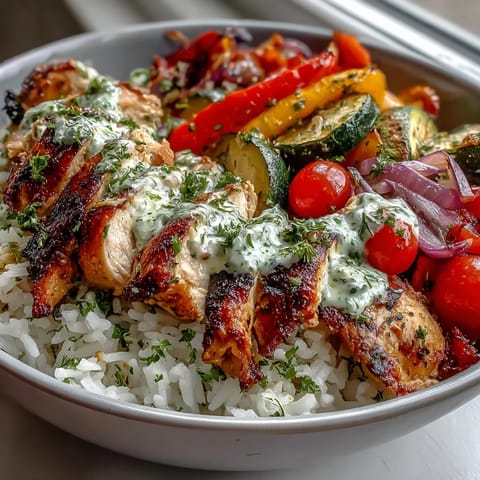 Freshly prepared Lemon Herb Roasted Chicken Bowl topped with roasted vegetables, herbs, and a drizzle of lemon dressing.