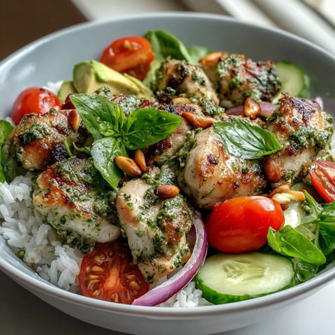 Golden-brown pesto chicken pieces glisten on fluffy rice, garnished with cherry tomatoes and cucumber slices.