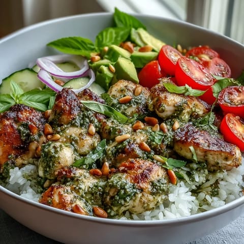 A vibrant Pesto Chicken Bowl with sliced avocado, spinach, and toasted pine nuts for a fresh meal.