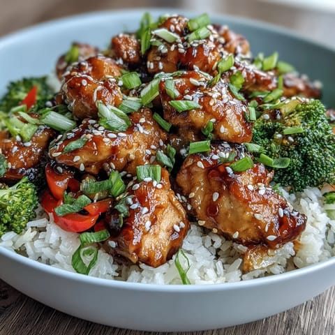 A spoon serves a bite of Honey Garlic Chicken Bowl with crisp veggies and sesame seeds over steamed rice.