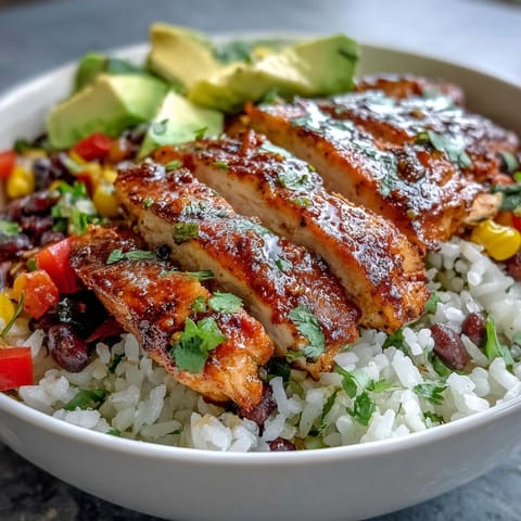 Brightly colored Cajun Chicken Bowl with fluffy rice, black beans, and sautéed red and yellow bell peppers topped with sliced avocado.