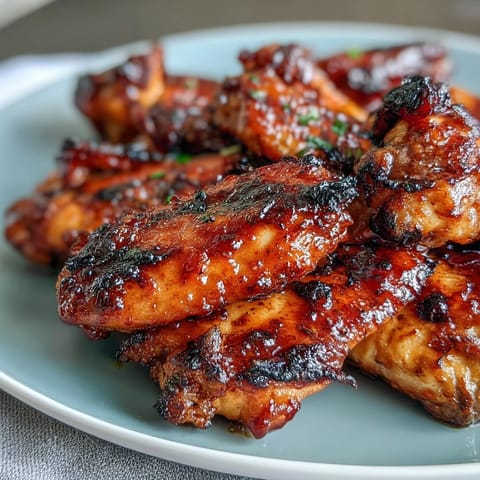 Golden-brown guava BBQ glazed chicken wings fresh from the broiler, sticky and glistening on a wire rack.