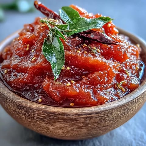 Vibrant Guava Chutney in a white bowl, glistening with golden mustard seeds, curry leaves, and tempered urad dal.