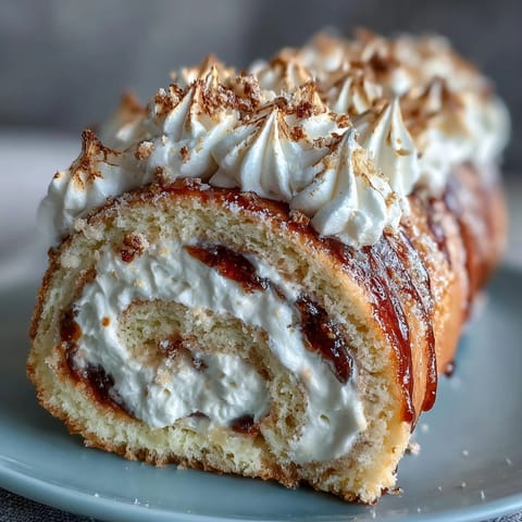 Warm Homemade Brazo Gitano roll with golden torched meringue and sweet guava paste, ready to serve with café con leche.