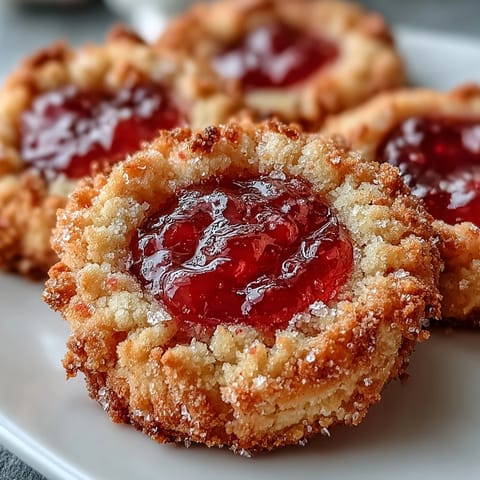 Golden-brown Guava Jam Thumbprint Cookies with a glistening, sweet-tart pink filling, freshly baked on a cooling rack.