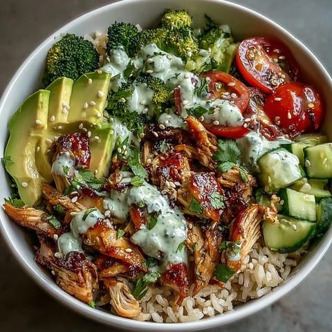 Wholesome rotisserie chicken bowl with shredded chicken, fresh vegetables, and creamy sauce served over brown rice.  