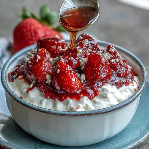 A vibrant bowl of Greek yogurt topped with fresh strawberry compote, crunchy nuts, and a drizzle of golden honey.