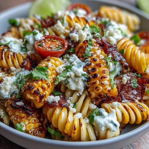 Colorful Mexican street corn pasta salad with tangy lime dressing, fresh cilantro, and spicy jalapeño for a bold side dish.  