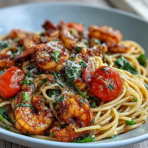 One-Pot Garlic Shrimp with Angel Hair pasta in a fragrant lemon-garlic sauce, loaded with colorful vegetables and juicy shrimp.