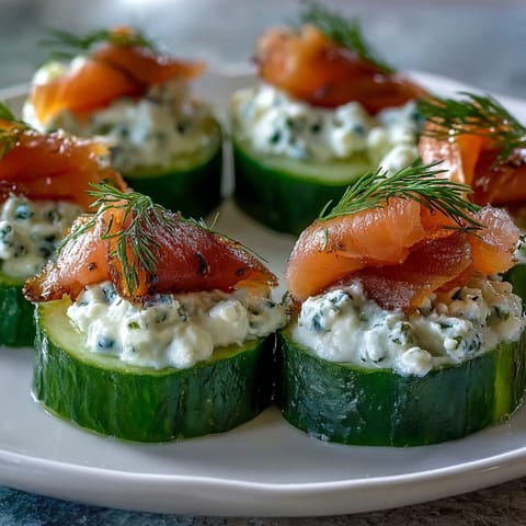 Crispy cucumber rounds topped with creamy dill-infused cheese and savory smoked salmon, garnished with fresh dill and capers.  