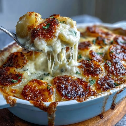 Creamy Au Gratin Potatoes with golden, bubbly Gruyère cheese baked in a rich cream sauce, perfect for holiday dinners.